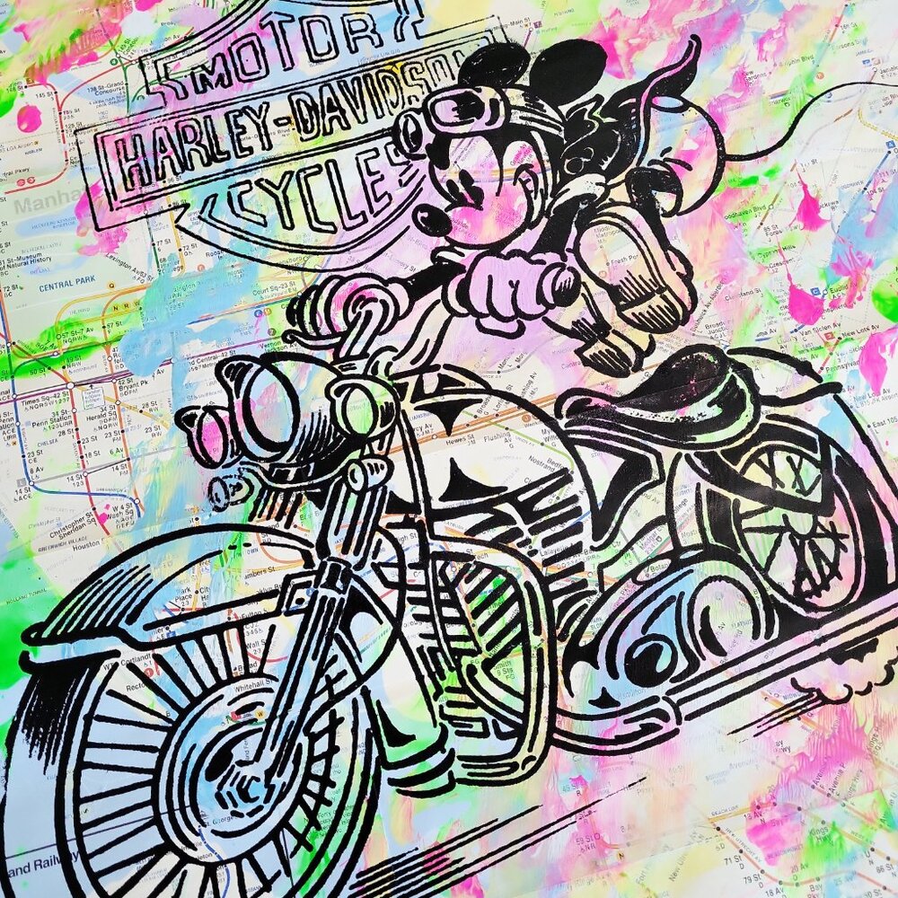 Handpainted Mickey Mouse Harley-Davidson Acrylic Art Painting on NYC Subway Map - Picture 5 of 9